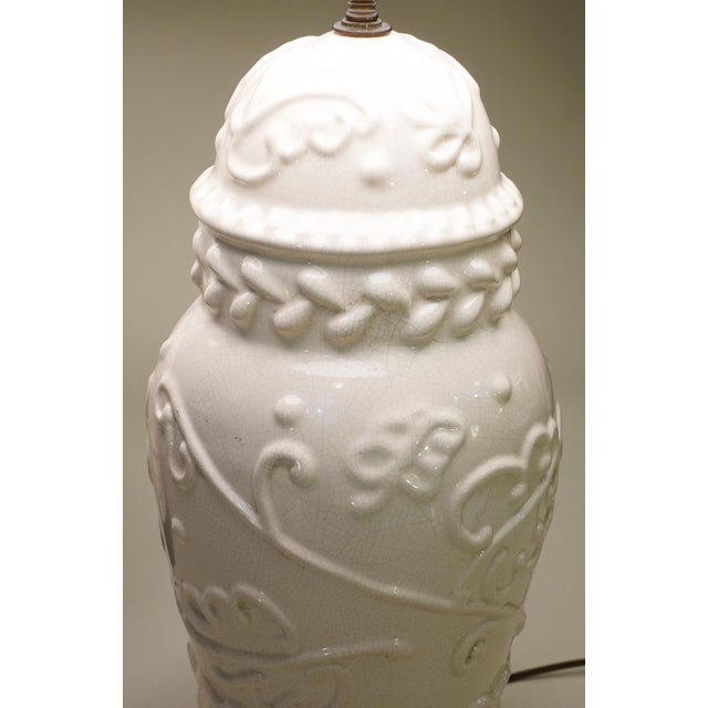 Wood 1960s XL Matched Pair Relief Cream Crackle Glazed Porcelain Ceramic Lamps Majolica Italy - a Pair For Sale - Image 7 of 11