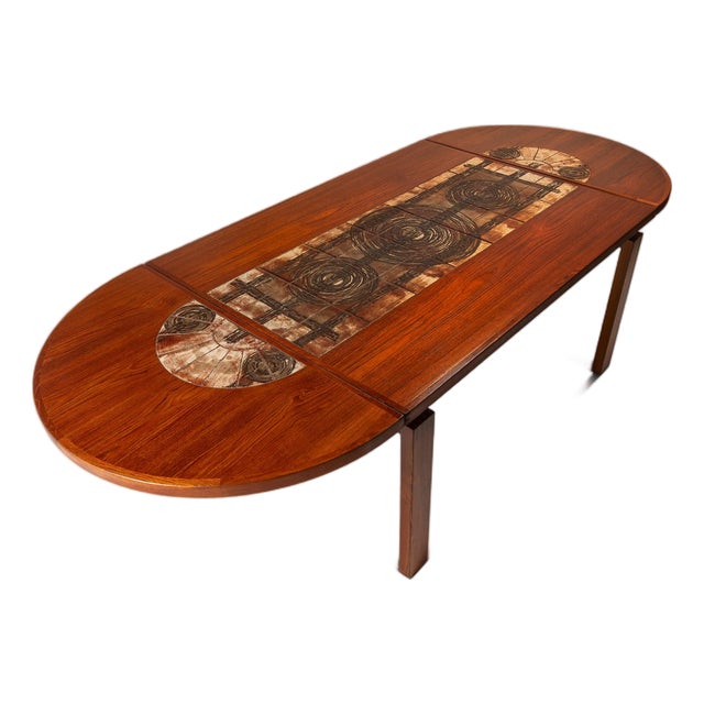 Restored Danish Modern Expansion Dropleaf Dining Table in Teak W/ Tile Inlay by Ox Art for Ansager Møbler, Denmark, C. 1977 For Sale