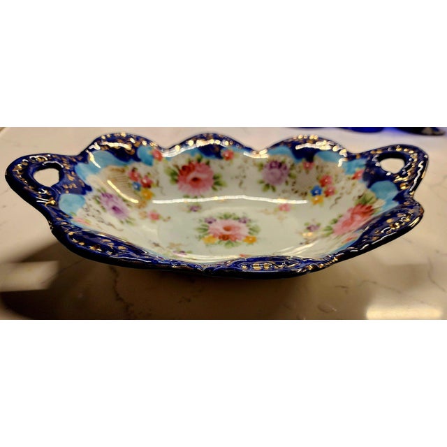 Nippon Moriage Hand Painted Cobalt Blue Gilt Floral Oval Porcelain Dish 1910-30s For Sale - Image 4 of 8