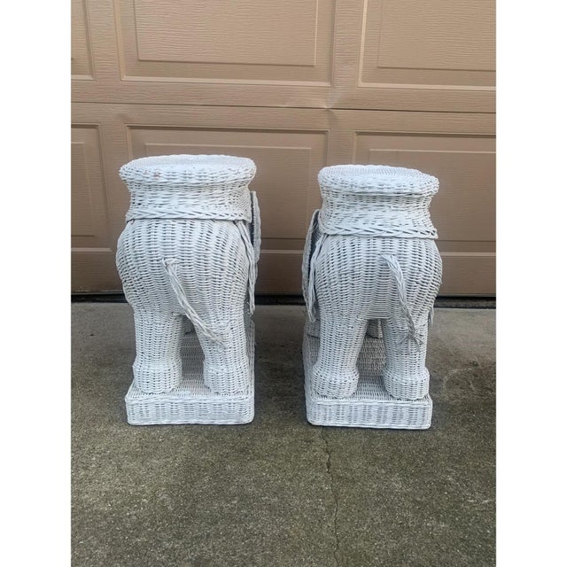 1970s White Wicker Rattan Elephant Garden Stools or Side Tables, Pair For Sale - Image 9 of 10