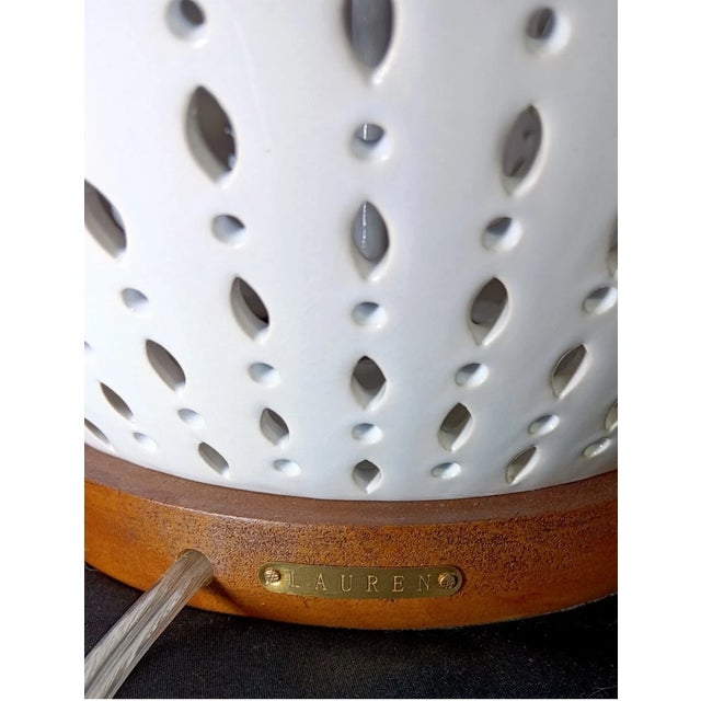 Vintage Ralph Lauren Designer Perforated White Ceramic Lamp W/ Shade For Sale In Houston - Image 6 of 7