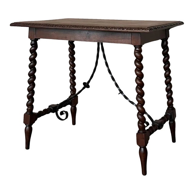 19th Spanish Side Table With Cared Turned Legs and Iron Stretcher For Sale
