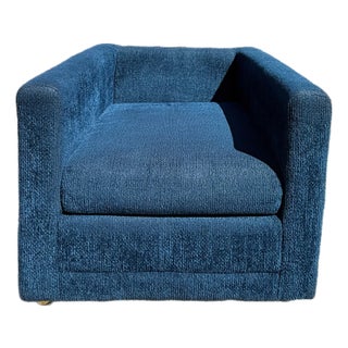 1970s Century Modern Blue Chenille Club Lounge Chair by Levitz Furniture For Sale