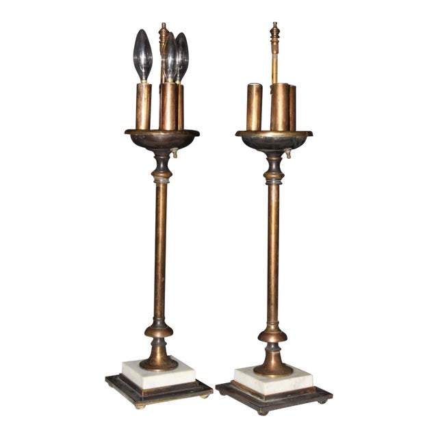 Beautiful pair of burnished copper table lamps. Stately yet simple design a combination of rich copper hues makes for a...