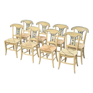 Late 19th Century French Provençal Directoire Painted Carved Back Rush Seat Dining Chairs, Set of 8 For Sale