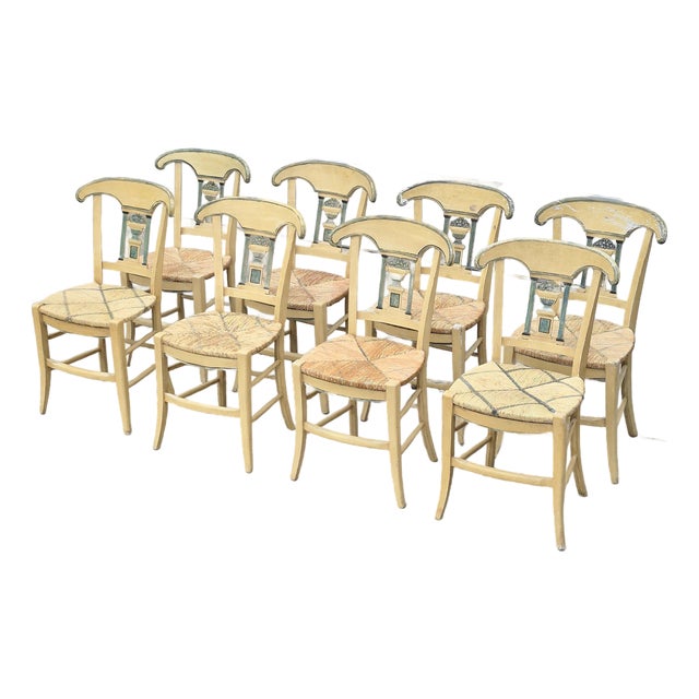 Late 19th Century French Provençal Directoire Painted Carved Back Rush Seat Dining Chairs, Set of 8 For Sale
