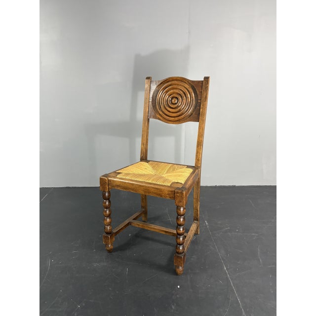 1950s French Farmhouse Turned Wood and Rush Dining Chairs in the style of Charles Dudouyt, 1950s, Set of 6 For Sale - Image 5 of 18