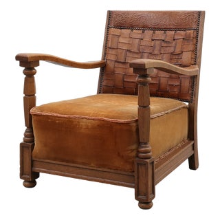Art Deco Oak Lounge Chair with Woven Leather Back and Ochre Velvet, Belgium, 1920s For Sale
