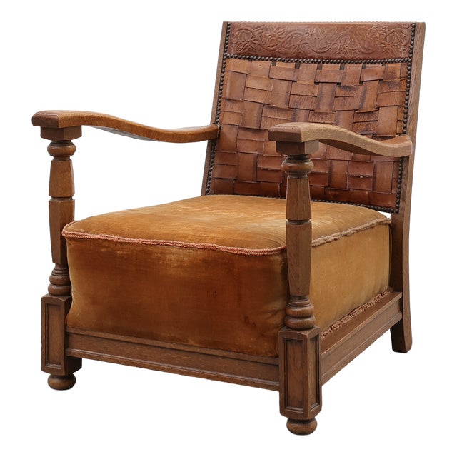 Art Deco Oak Lounge Chair with Woven Leather Back and Ochre Velvet, Belgium, 1920s For Sale