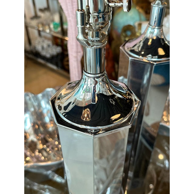 1970s Vintage Italian Modern Chrome Table Lamps Lucite Base Newly Wired -A Pair For Sale - Image 5 of 13