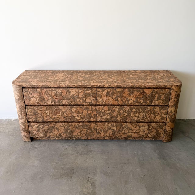 1970s Vintage Mid Century Modern Rounded Edge Cork Dresser Burlwood 70s 80s For Sale - Image 5 of 11