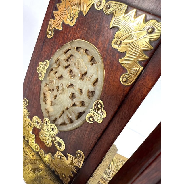 Wood Vintage Pale Green Jade Book Ends With Auspicious Pheonix & Bats, Brass Stands 1950's For Sale - Image 7 of 9