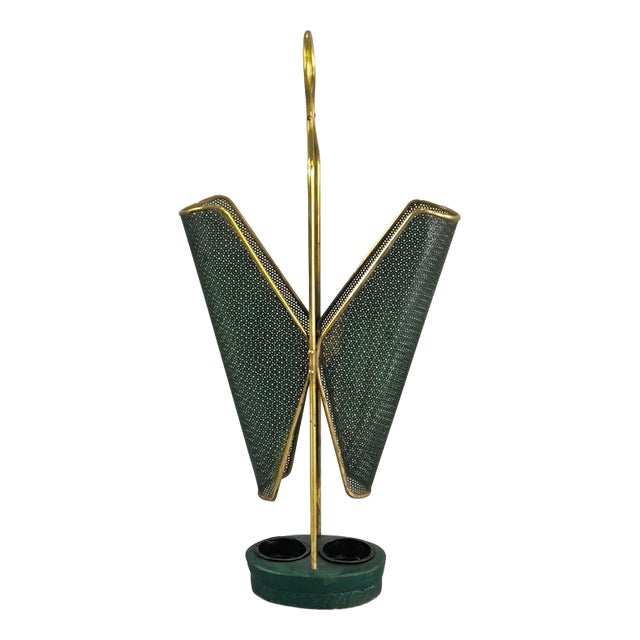 Italian Brass and Green Iron Grill Umbrella Stand, 1950s For Sale