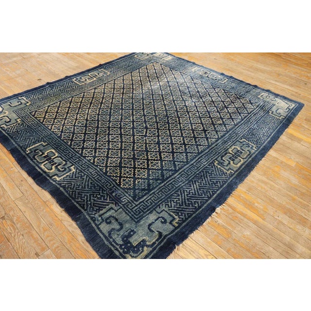1920s Antique Square Blue Geometric Greek Key Chinese Baotou Wool Pile Rug For Sale - Image 4 of 12