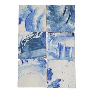 18th Century Portuguese Scenic Blue & White Tiles With Rural House & Foliage Motifs, Set of 6 For Sale