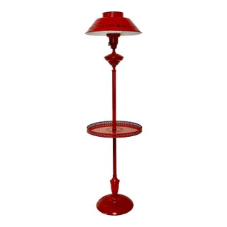 1950s Vintage French Empire Bouilotte Tole Floor Lamp With Metal Shade, Drinks Table.in Red. For Sale