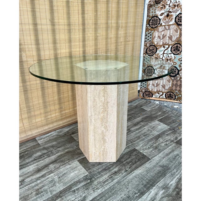 Postmodern Travertine Pedestal Base Glass-Top Center/ Diner Table. Circa 1970s For Sale - Image 4 of 12