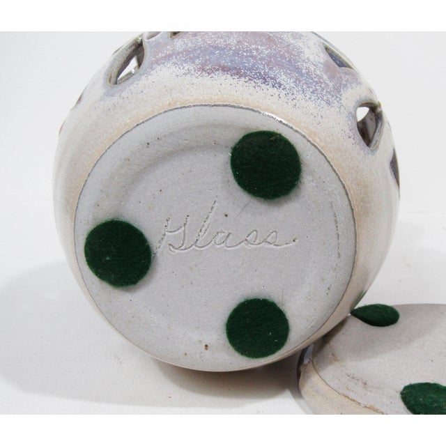 Purple Signed Studio Pottery Pierced Luminary Candle Holder With Matching Dish For Sale - Image 8 of 13