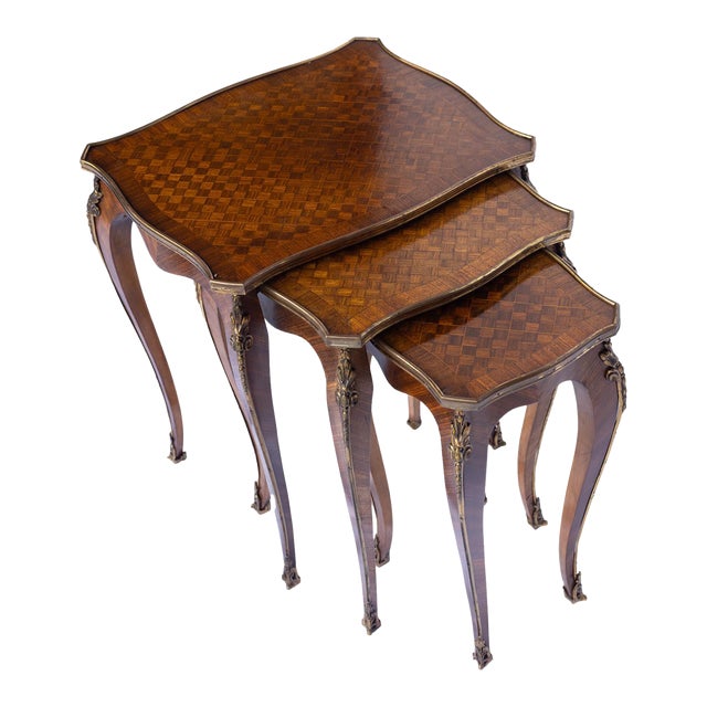 Set Three Louis XV-Style Kingwood and Parquetry Nesting Tables, French, C. 1880 For Sale
