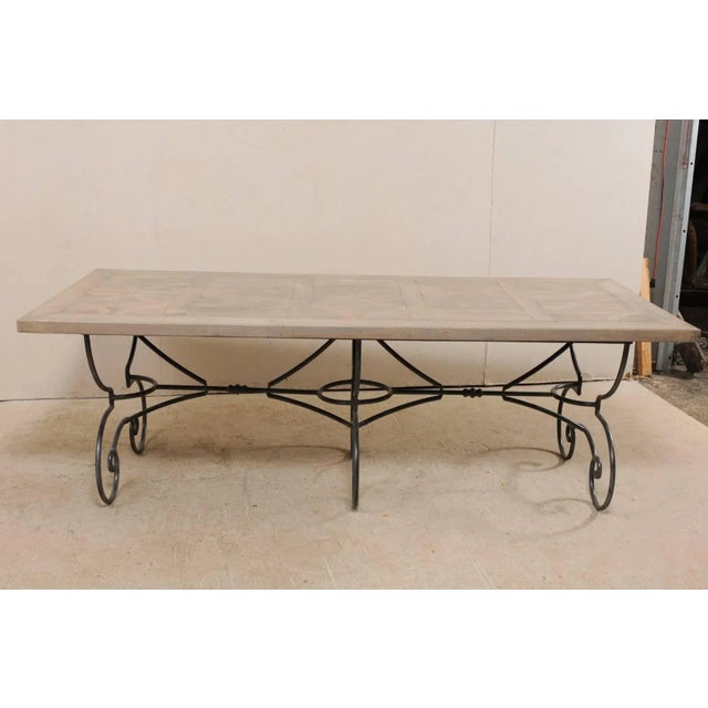 French Vintage Table With Inlay Wood Top and Large Scrolling Iron Base For Sale - Image 4 of 12