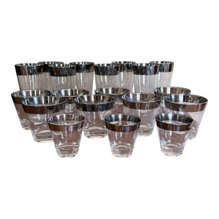 1960s Mid-Century Modern Dorothy Thorpe Silver Rimmed Bar Glasses - Set of 19 For Sale
