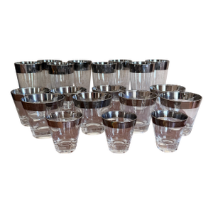 1960s Mid-Century Modern Dorothy Thorpe Silver Rimmed Bar Glasses - Set of 19