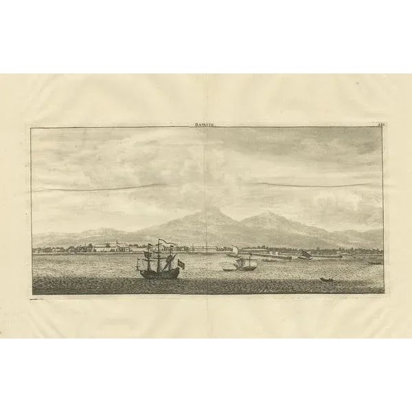 Antique print titled 'Batavie'. Old print with a view of Batavia, Jakarta. This print originates from 'Cornelis de Bruins...