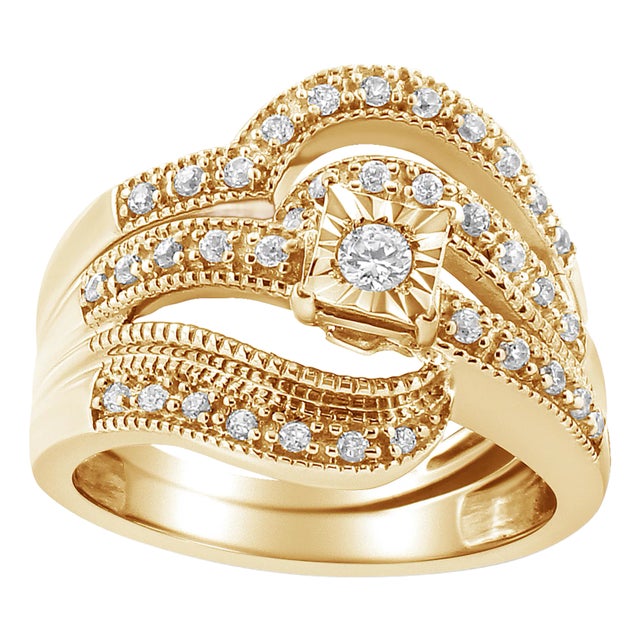 14K Yellow Gold Plated .925 Sterling Silver 1/3 Cttw Round Diamond Crisscross Engagement Ring Bridal EVS1010 For Sale