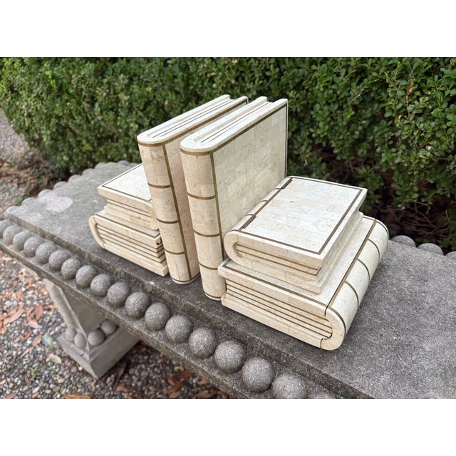 Metal Pair of Maitland Smith Tessellated Travertine and Brass Bookends For Sale - Image 7 of 9