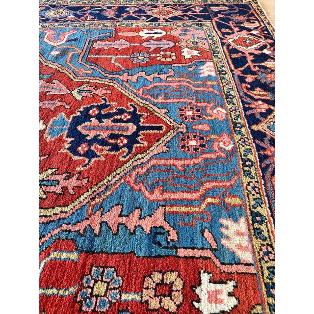 Antique Persian Serapi Carpet Handmade Wool Oriental Rug, Red, Ivory, Light Blue For Sale - Image 4 of 12