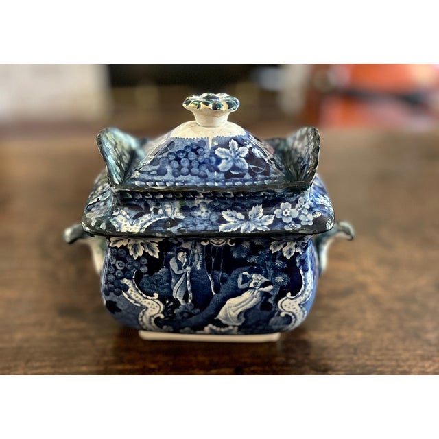 Antique Adams Staffordshire Historical Blue Transferware Covered Sugar Bowl, C. 1820s For Sale In Dallas - Image 6 of 18