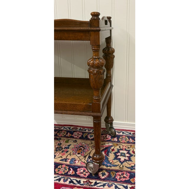 Wood Antique English Trolley Tea Cart Pastry Cocktail Bar Cart Tray Tudor Oak 1930s For Sale - Image 7 of 15