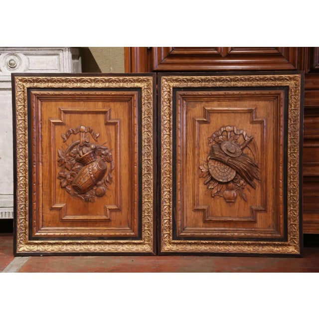 Pair of 19th Century, French Carved Oak Wall Door Panels in Gilt Frames For Sale - Image 10 of 10