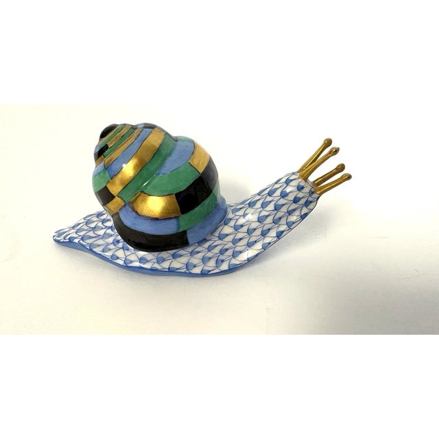 Blue Vintage Herend Hand Painted Blue Fishnet Snail Porcelain Figurine For Sale - Image 8 of 8