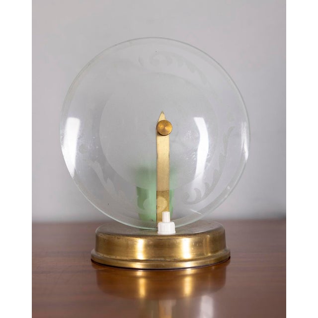 Pair of table lamps with gilded brass base and decorated glass lampshade, Italian design, 1950s. European Plug (up to...