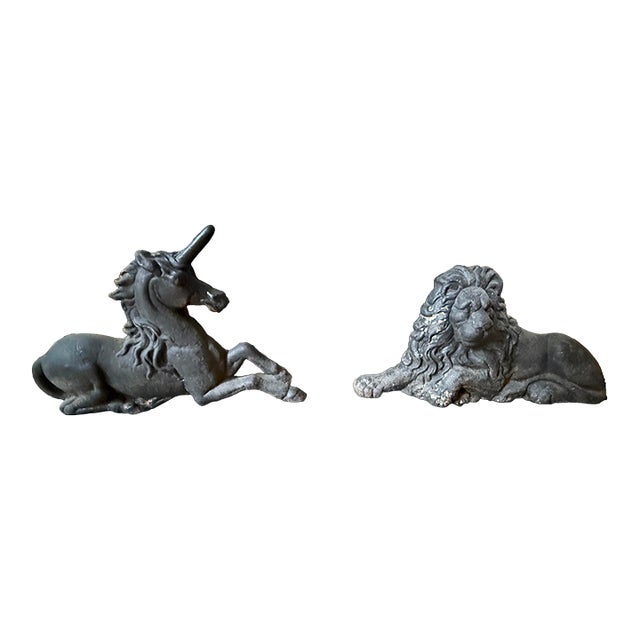 1860 Large Recumbent Lion & Unicorn Cast Iron Boot Scrapes - Set of 2 For Sale