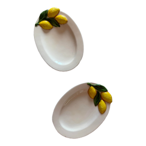 Pair of Vintage Majolica Small Oval Plates With Lemon Relief