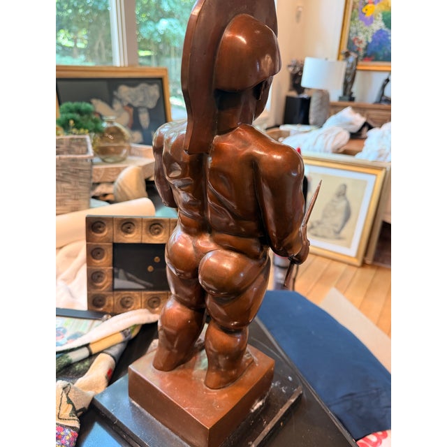 Contemporary Late 20th Century After Fernando Botero Bronze-Patina Classical Warrior Sculpture on Marble Base For Sale - Image 3 of 6