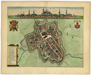 Decorative Bird's-Eye View Map of Ieper or Ypres in Belgium by Blaeu, 1649