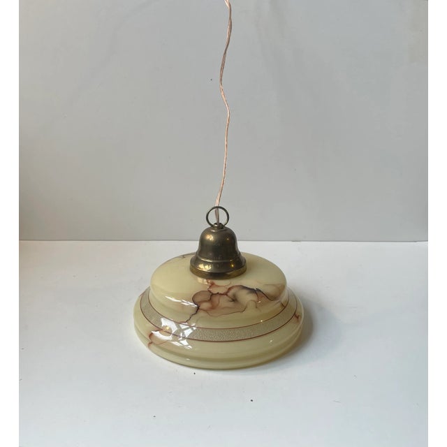 Metal Scandinavian Functionalist Ceiling Lamp in Brass and Marble Glass, 1940s For Sale - Image 7 of 12