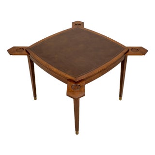 Vintage Old Colony Beacon Hill Walnut & Leather Games Table W/ Hidden Drink Holders For Sale
