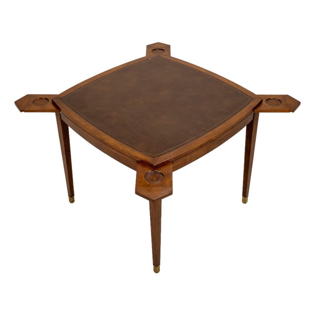 Vintage Old Colony Beacon Hill Walnut & Leather Games Table W/ Hidden Drink Holders For Sale