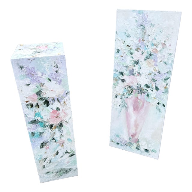 Vintage Textured Floral Painted Pedestal and Painting - 2 Pieces For Sale