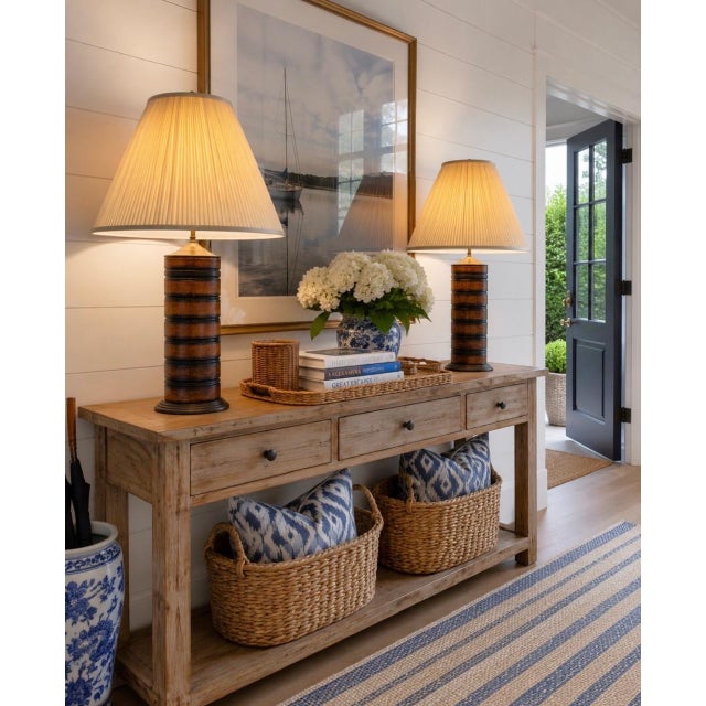 Turned Wood Barrel Form Table Lamps With Shades, Set of 2 For Sale - Image 4 of 18