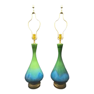 Mid-Century Modern Green and Blue Ceramic Lamp Pair