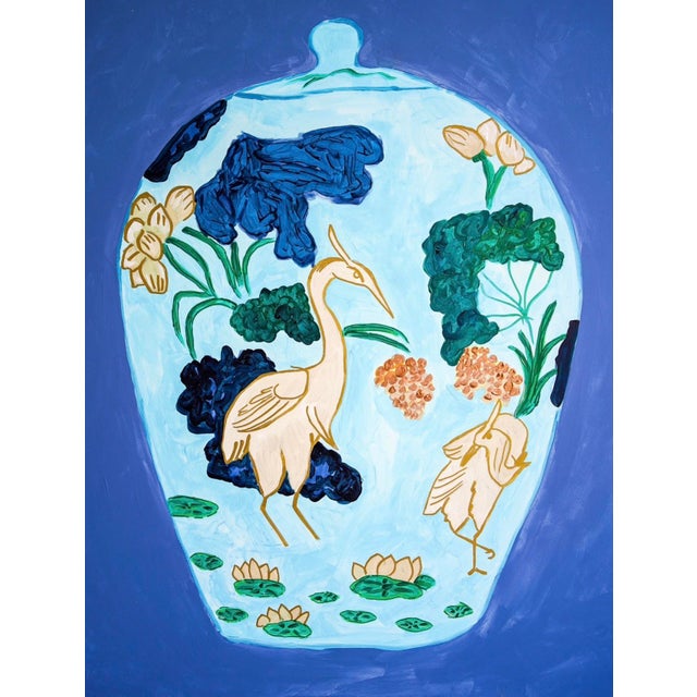 Contemporary Lotus and Crane Painting by Dorothy Collier, 36x36 Acrylic on Panel, Chinoiserie Bird Art, Blue Green Botanical Wall Art For Sale - Image 4 of 4