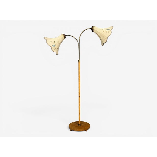 1940s Swedish Modern, Floor Lamp, Rattan, Elm, Fabric For Sale - Image 4 of 14
