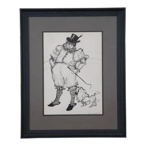 1964 Vintage Elaine Donenfeld Lion Tamer Portrait Pen & Ink Drawing Framed