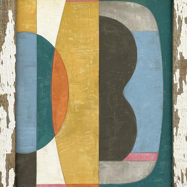 Mid-Century Modern Contemporary Abstract Oil Painting in Vintage Mustard Yellow Wooden Frame For Sale - Image 3 of 7