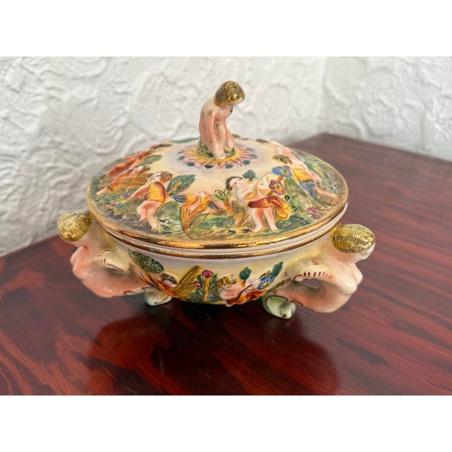 Ceramic Vintage Italian Capodimonte Porcelain Lidded Dish With Cherubs For Sale - Image 7 of 10